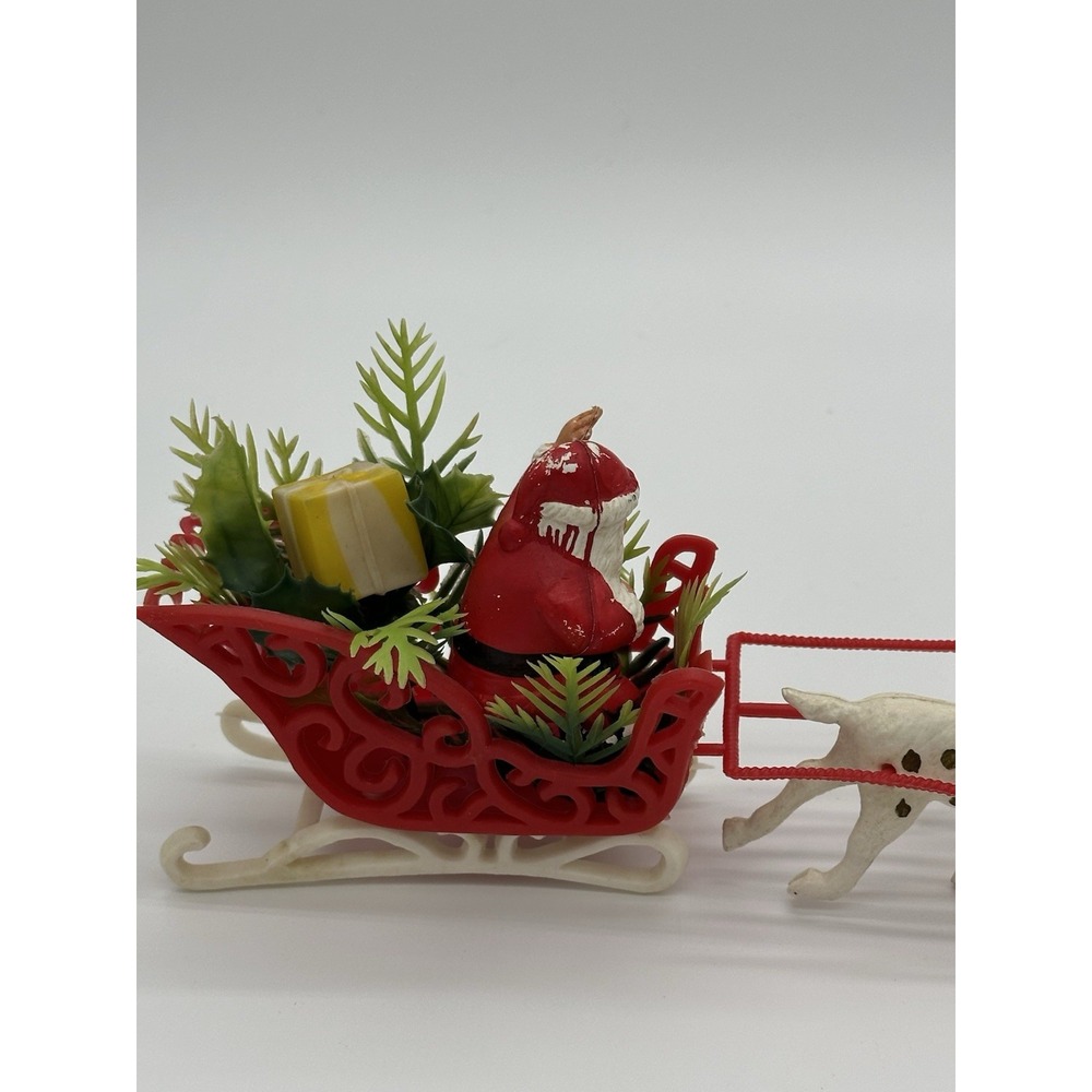 Vintage Plastic Santa Claus Red Sleigh 4 White Reindeer Christmas Tabletop Decor - Picture 3 of 10